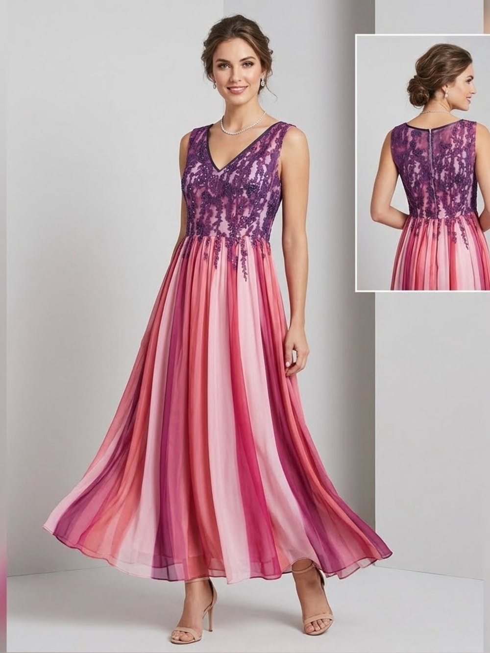 Purple and Pink Floral Print Sleeveless Maxi Length Princess Gown Medium Large